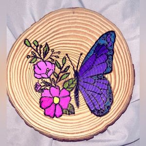 Handmade Woodburnt Floral Butterfly Wooden Decor